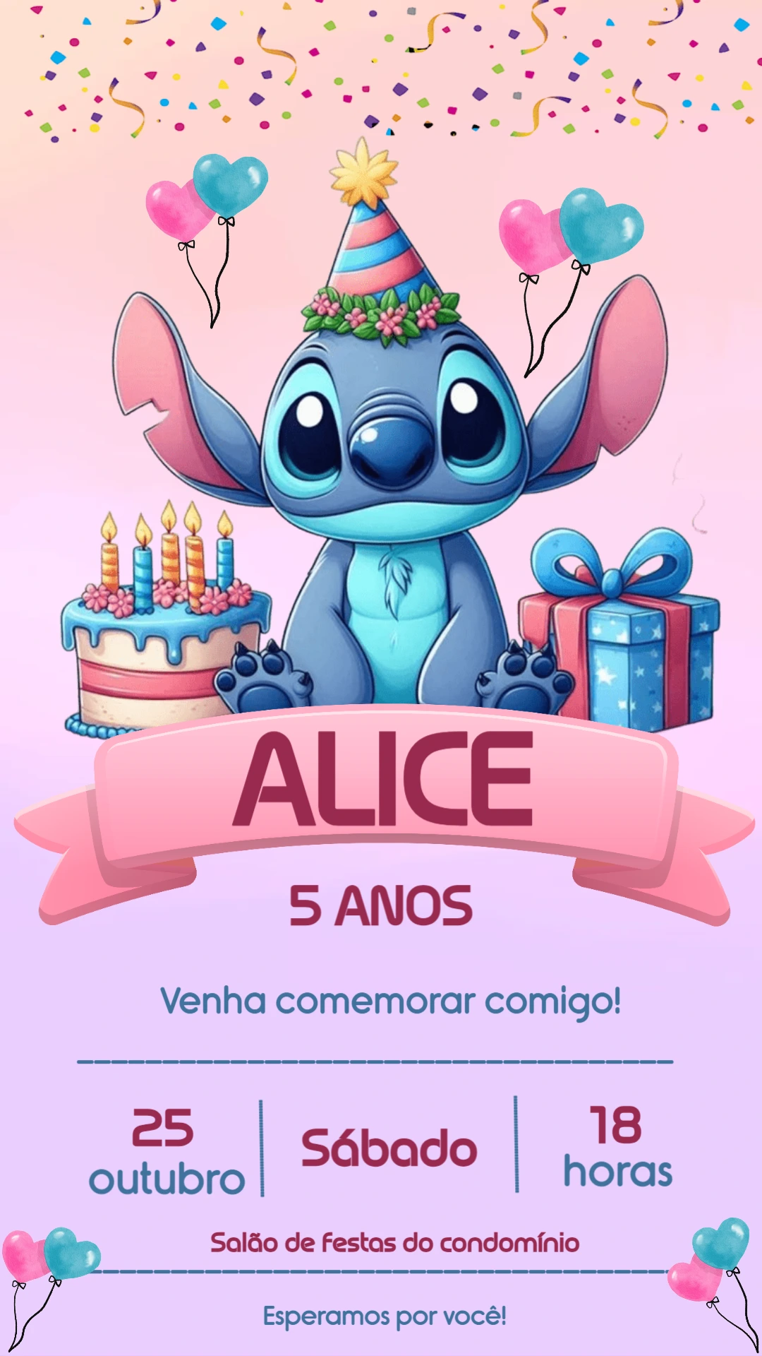 Convite de Aniversário Stitch para Editar Online
