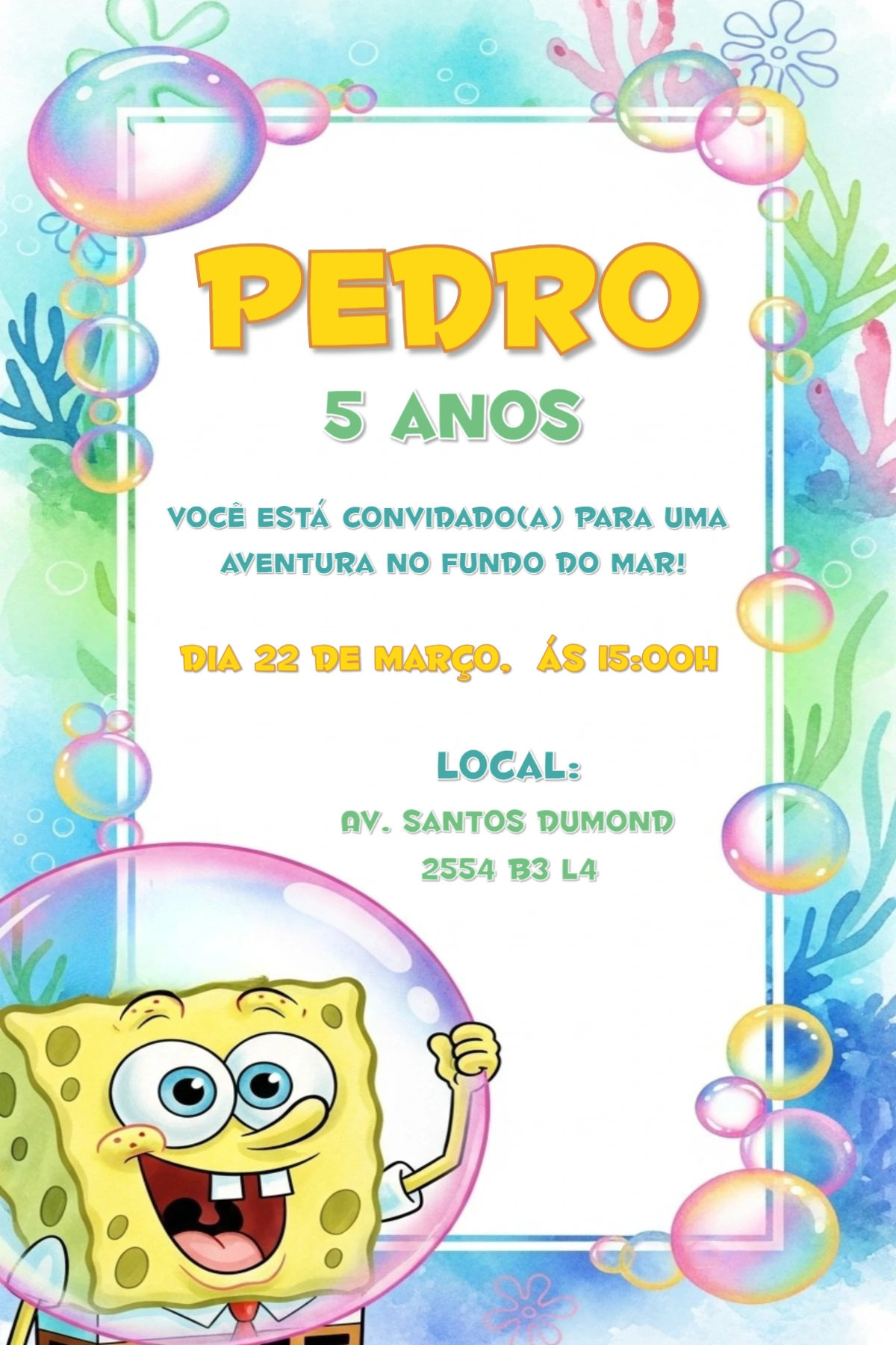 Convite Aniversário Bob Esponja Fundo do Mar para Editar Online