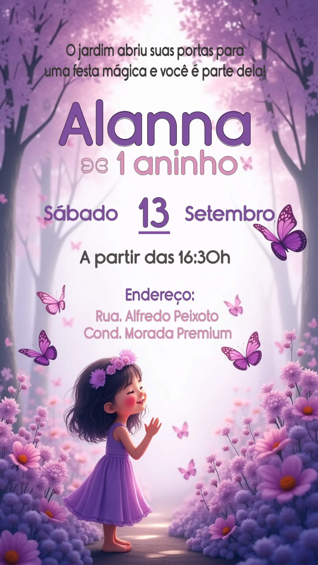 Convite Aniversário Jardim Encantado Roxo para Editar Online