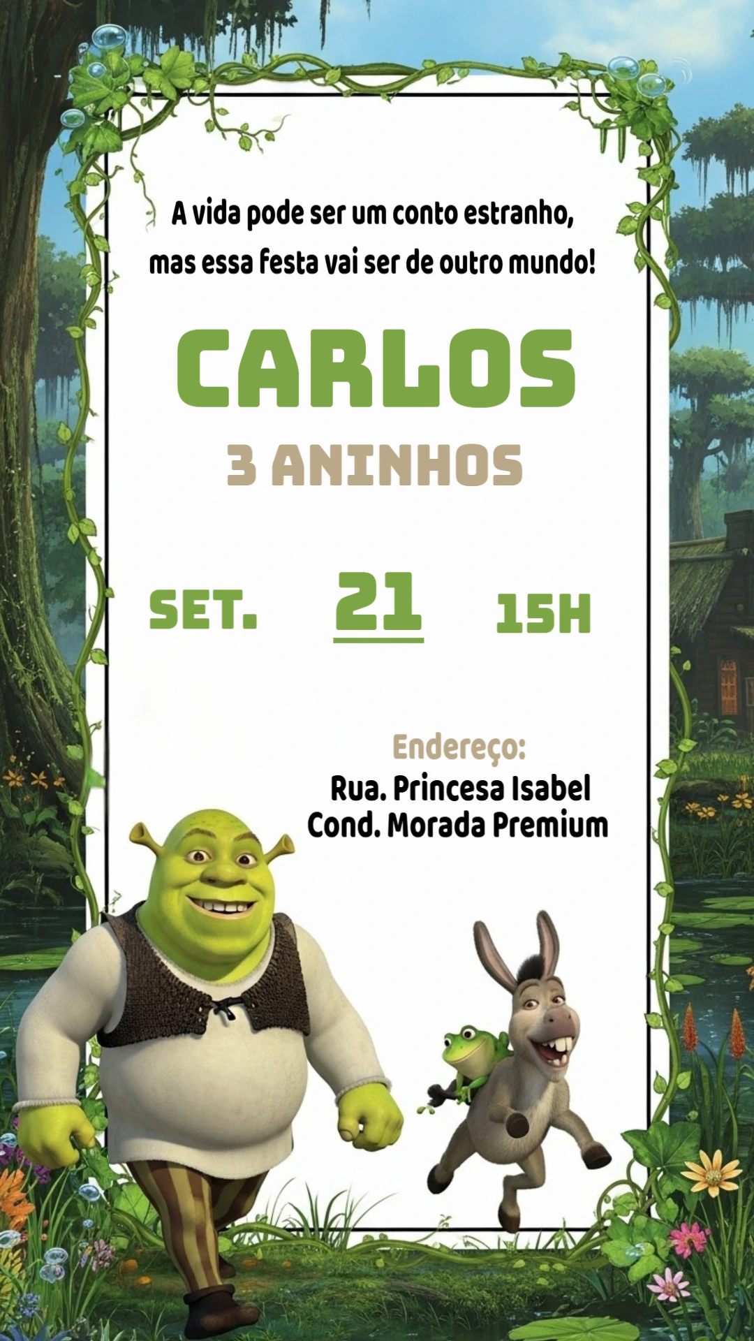 Convite de Aniversário Shrek com Personagens para Editar Online