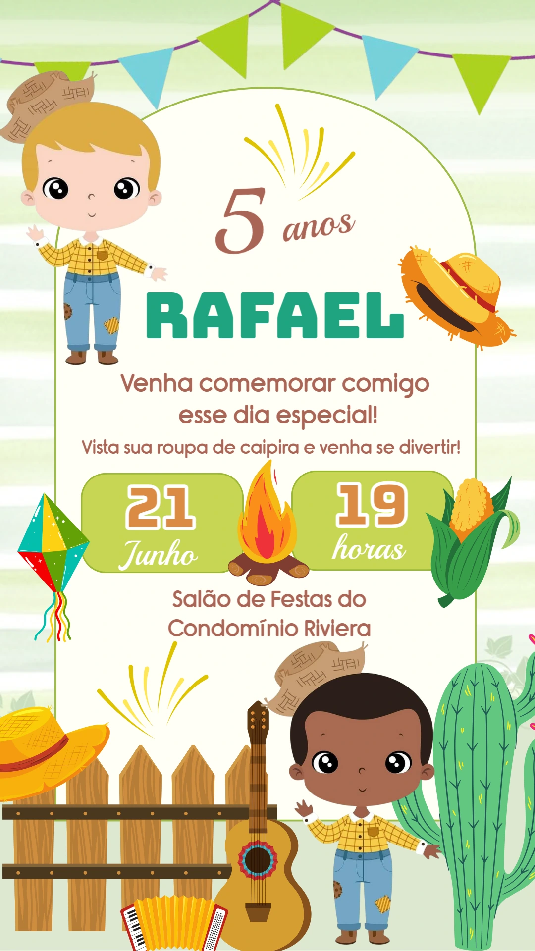 Convite Aniversário Festa Junina com Meninos para Editar Online