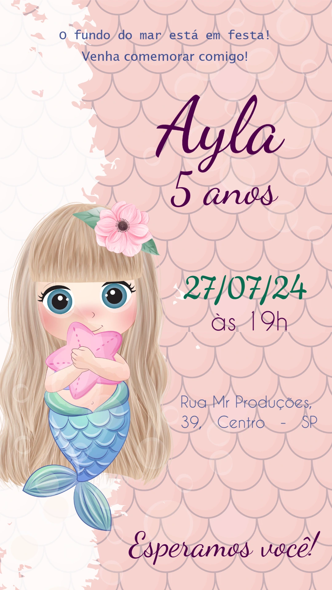 Convite Aniversário Sereia Cute para Editar Online