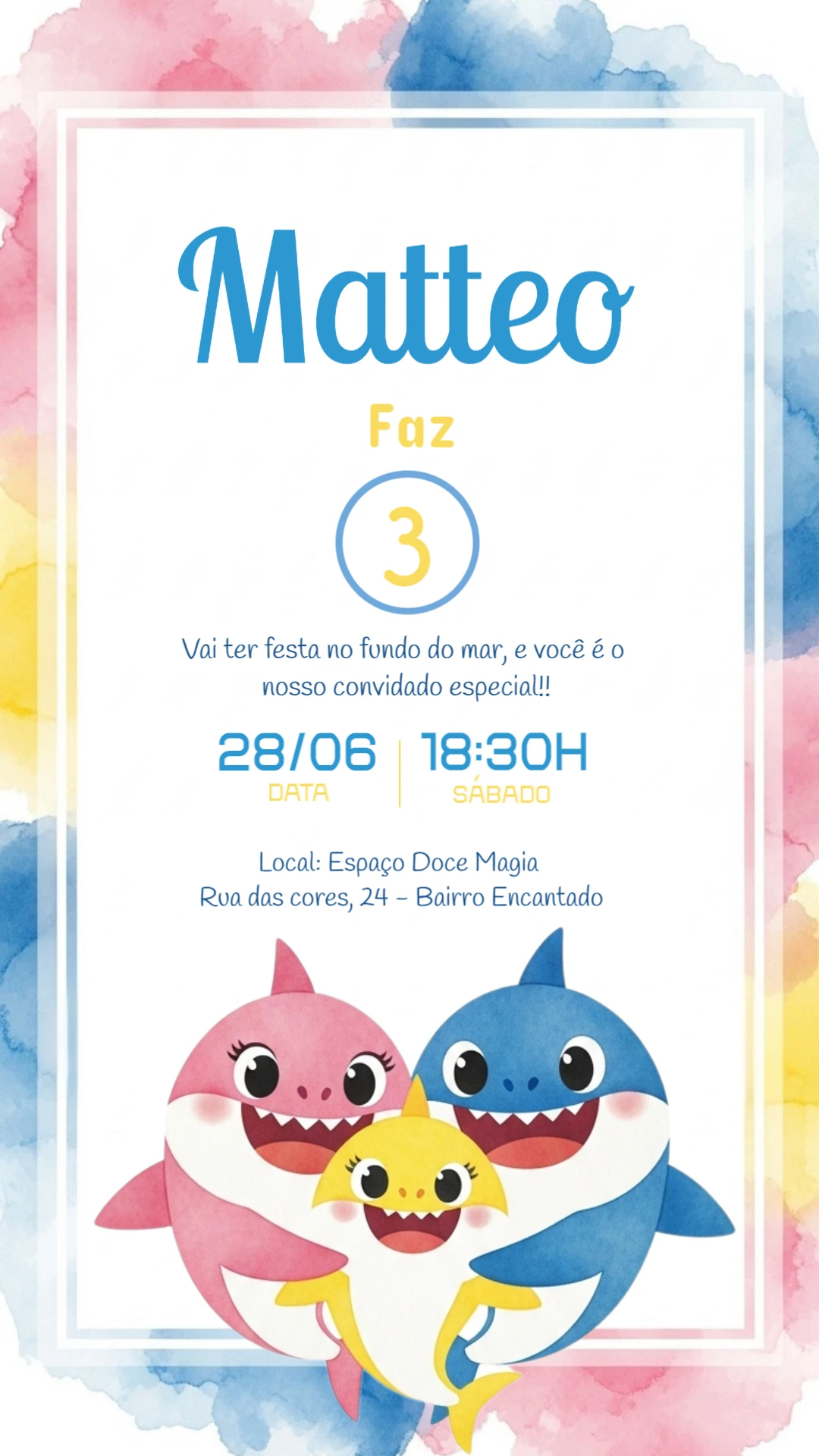 Convite de Aniversário Baby Shark para Editar Online