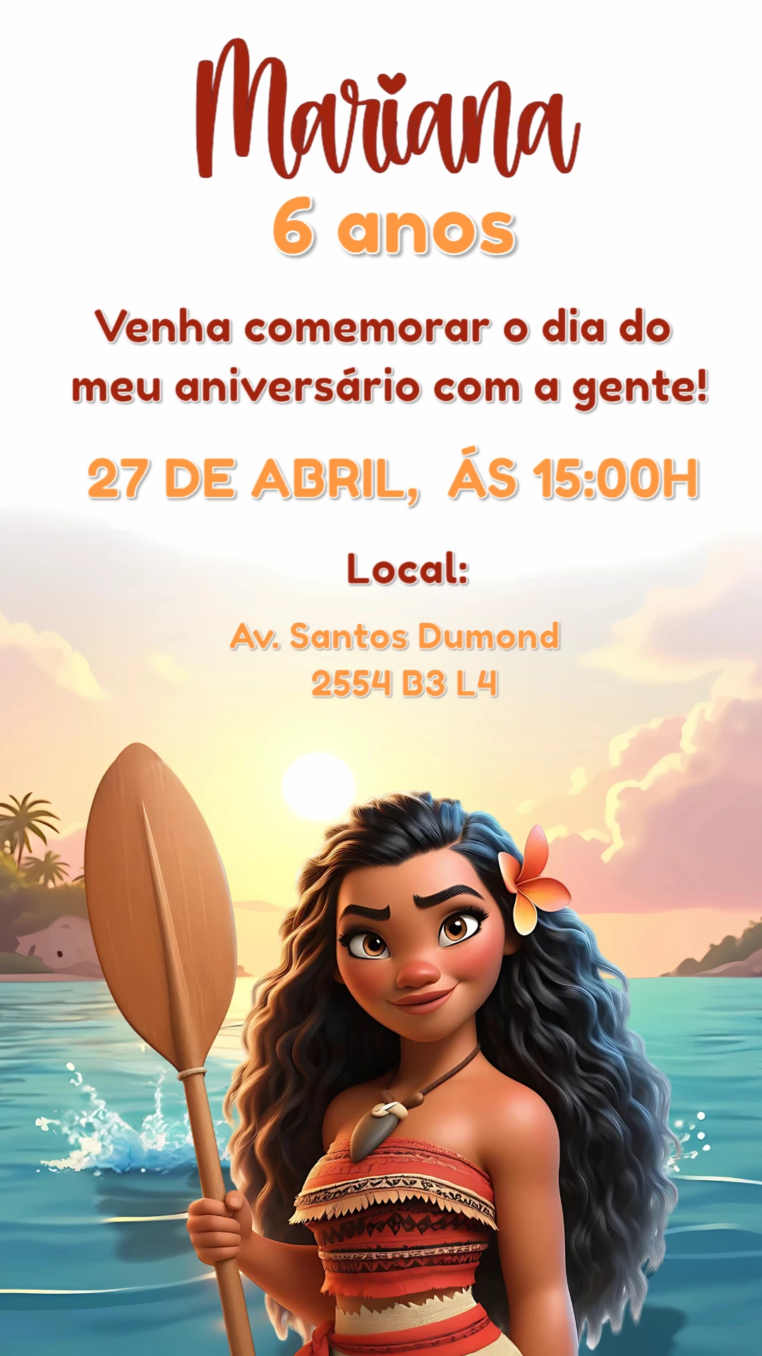 Convite Aniversário Moana para Editar Online e Imprimir