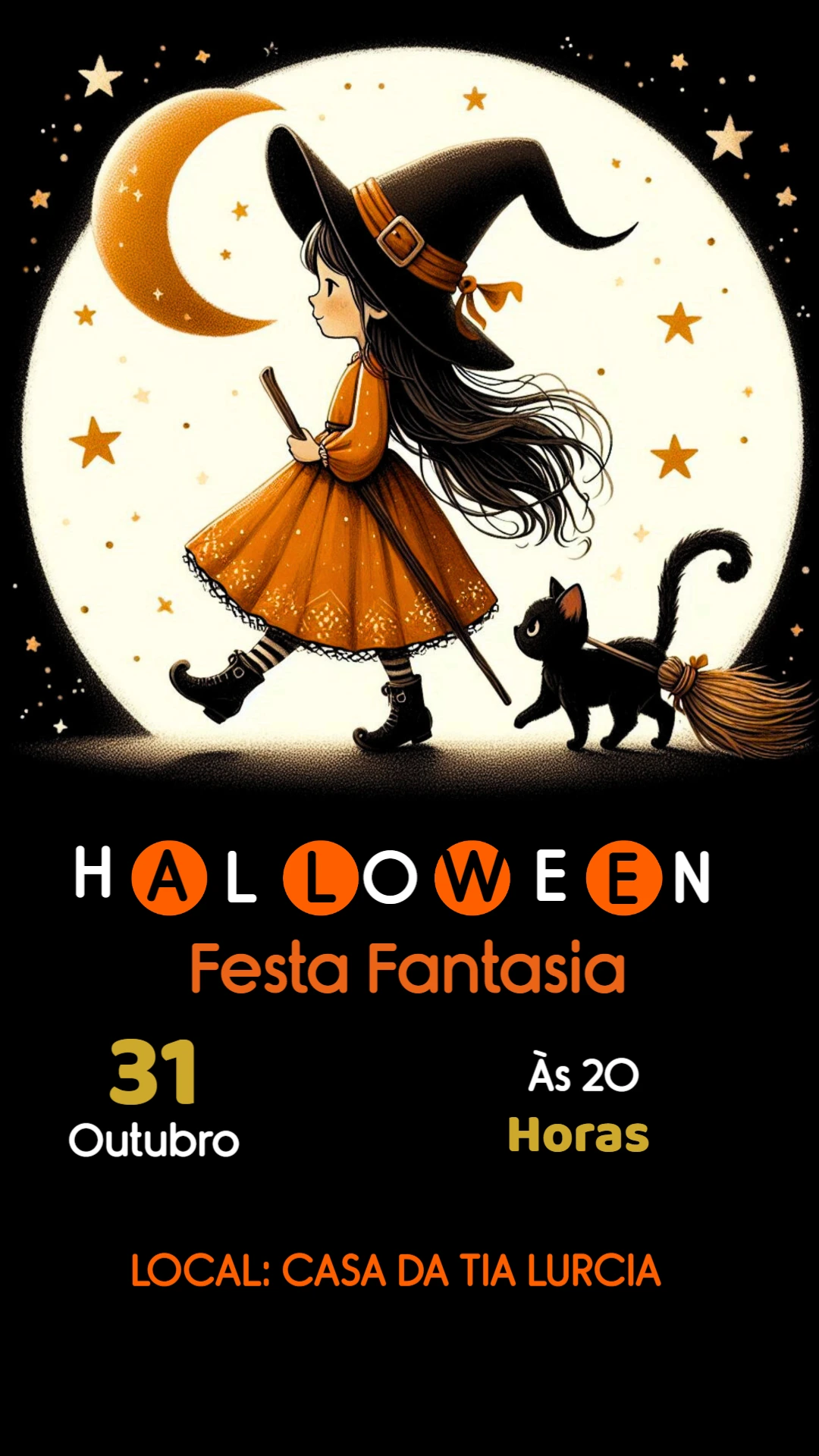 Convite de Halloween com Bruxinha Fofa para Editar Online
