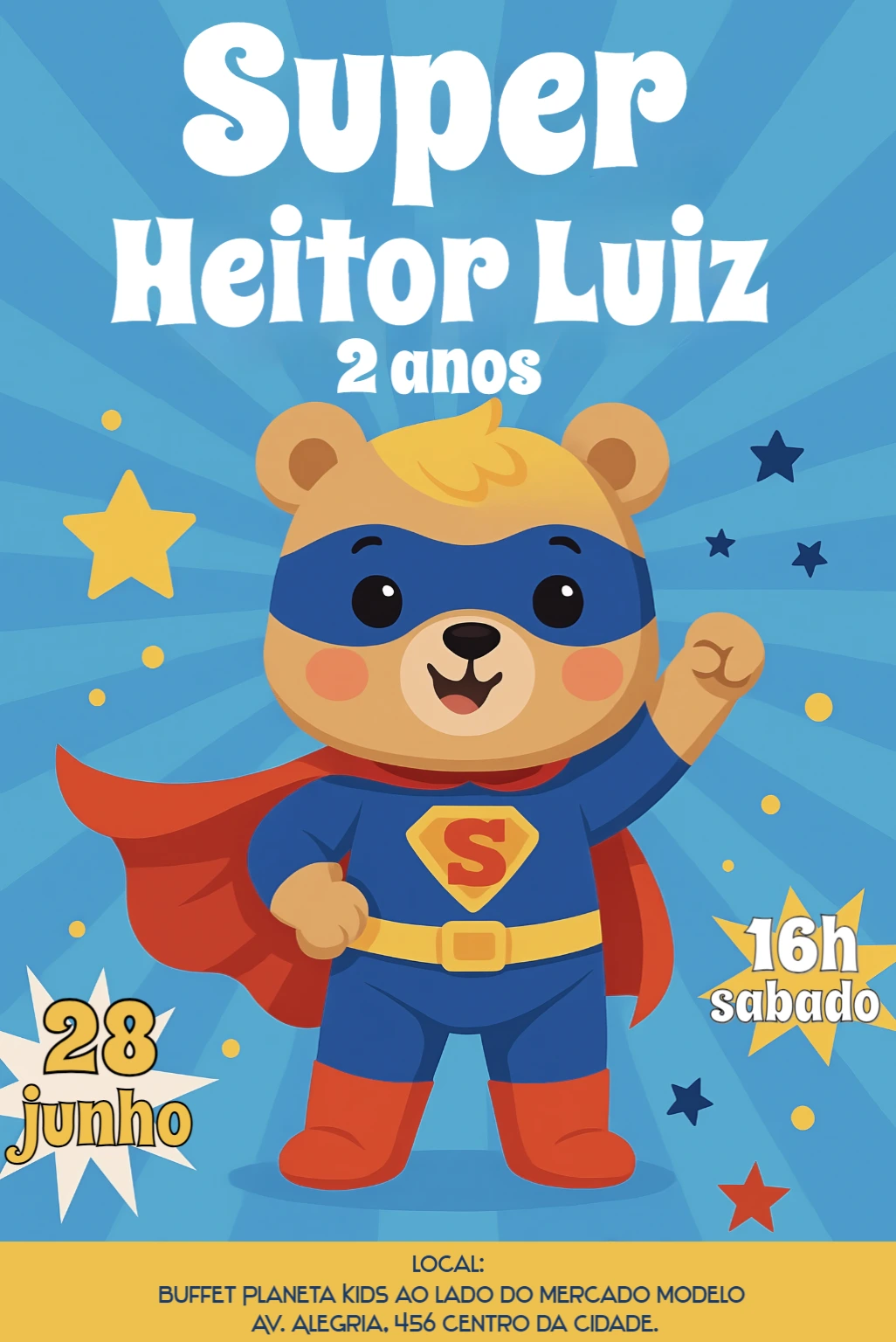 Convite Aniversário Super Herói Urso para Editar Online