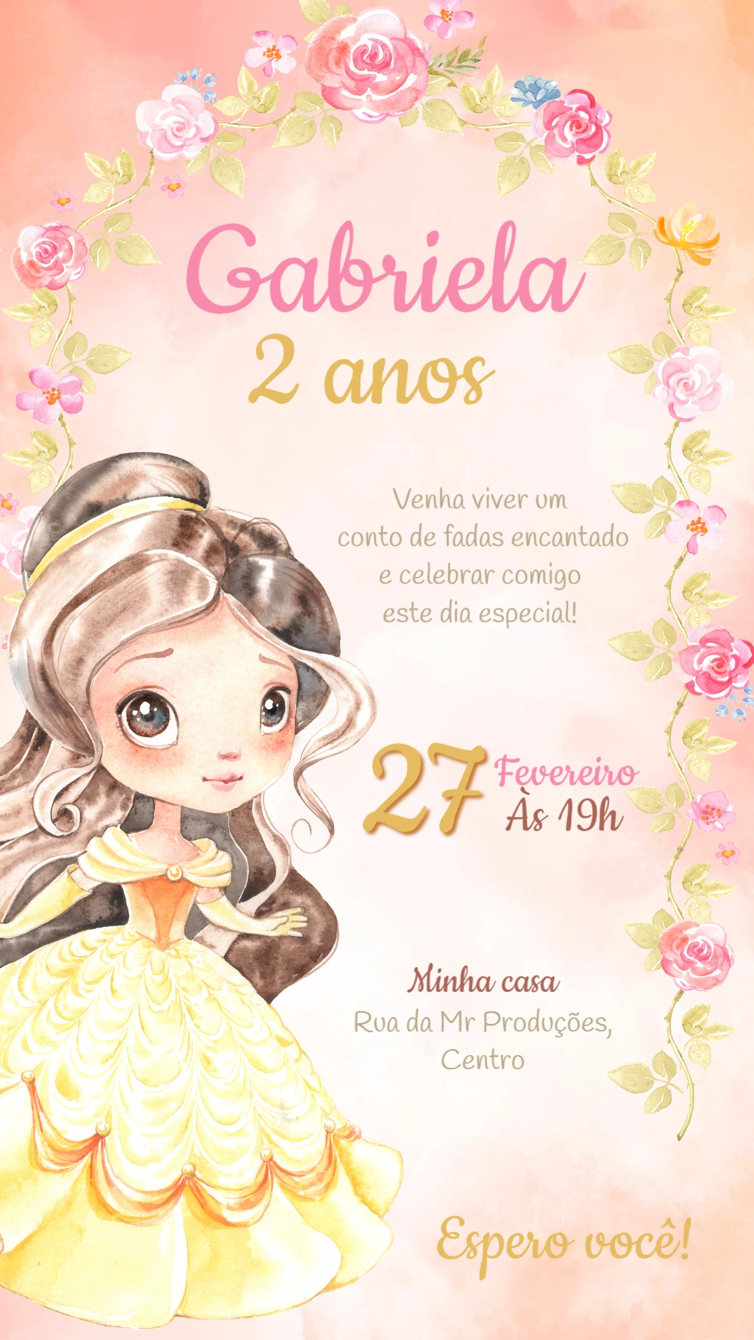Convite de Aniversário Princesa Bela para Editar Online