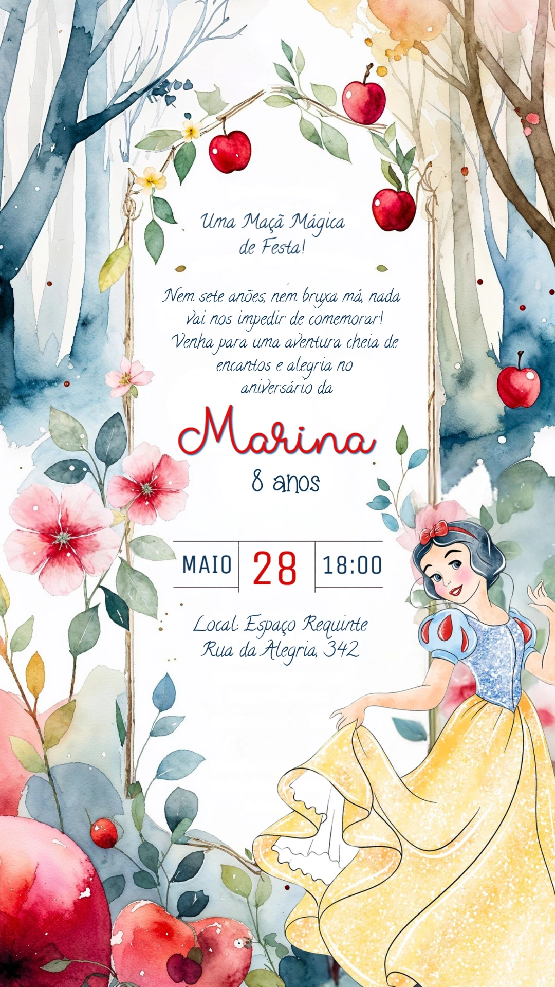 Convite de Aniversário Branca de Neve Aquarela para Editar
