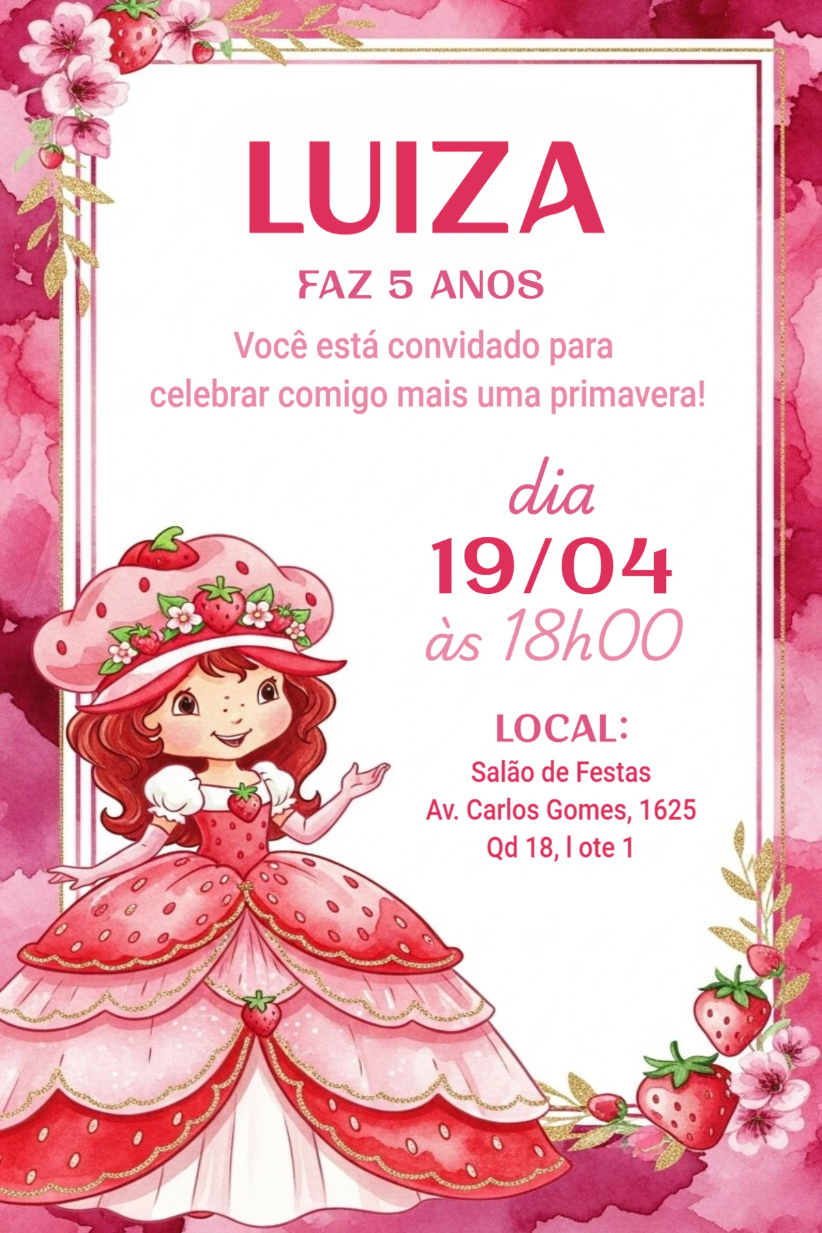 Convite de Aniversário Moranguinho Clássica para Editar Online