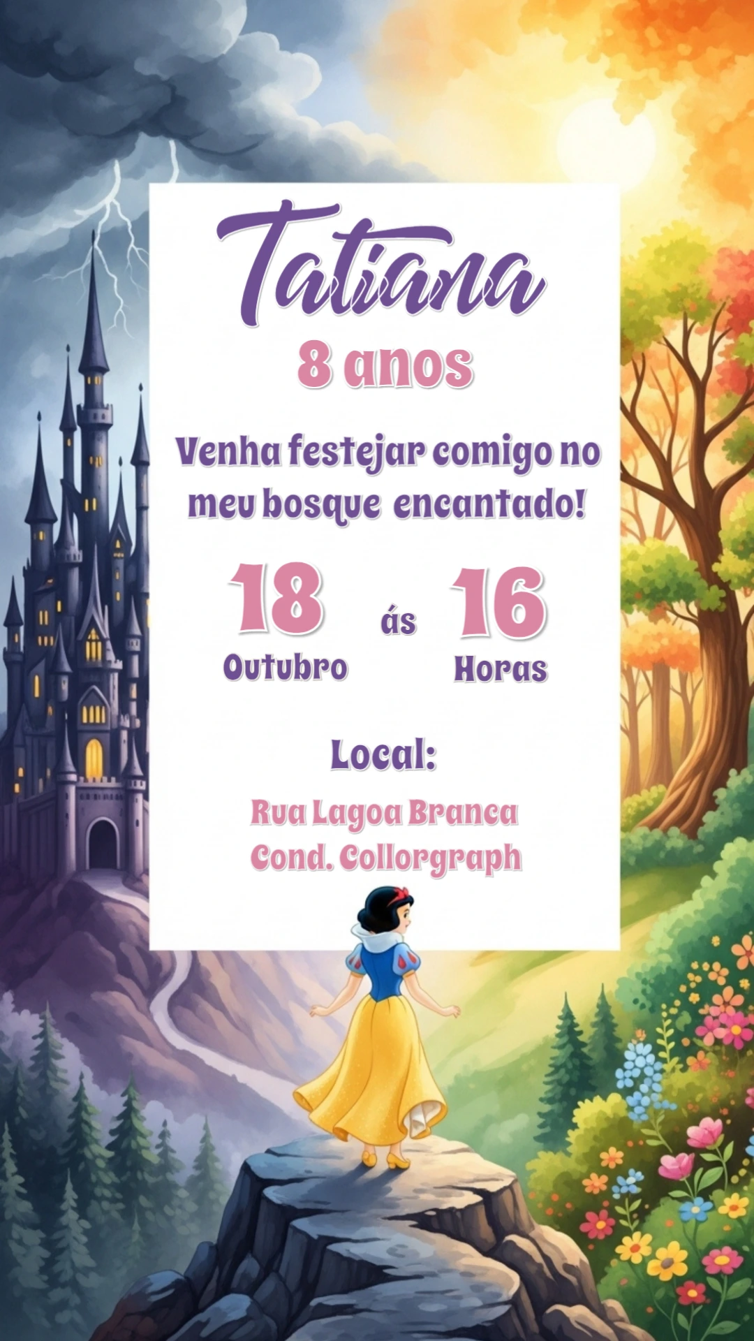 Convite de Aniversário Branca de Neve no Bosque para Editar