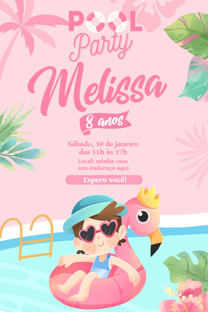 Convite Aniversário Pool Party Menina para Editar Online