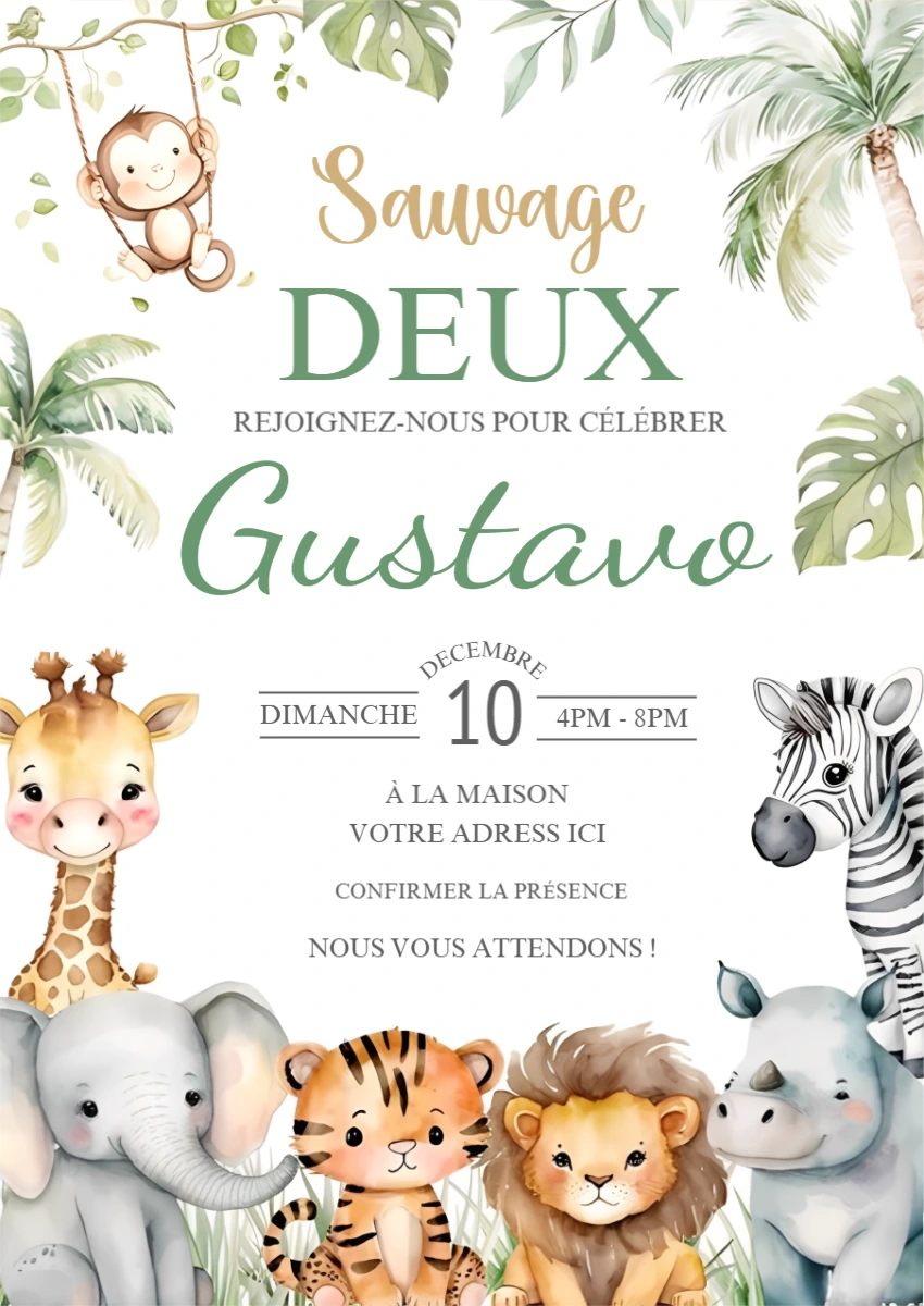 Invitation anniversaire 2 ans Safari Jungle à modifier en ligne