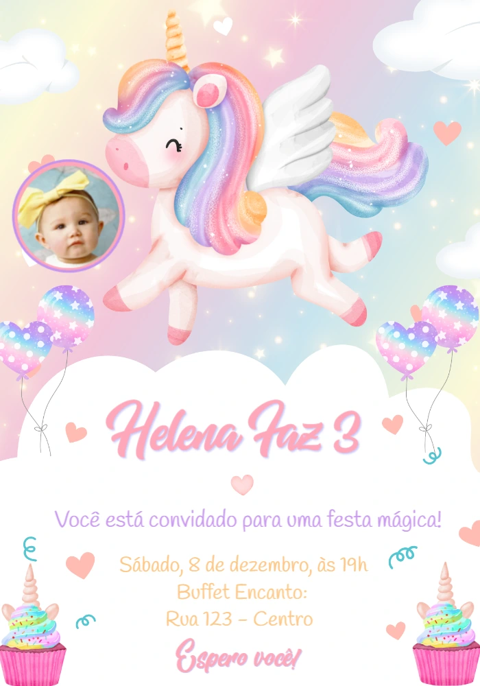 Convite de Aniversário Unicórnio Fofo em Aquarela para Editar