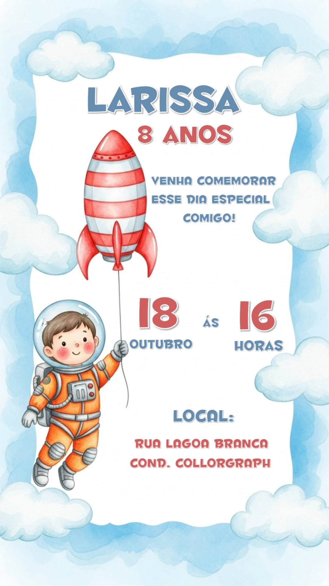 Convite de Aniversário Astronauta para Editar Online