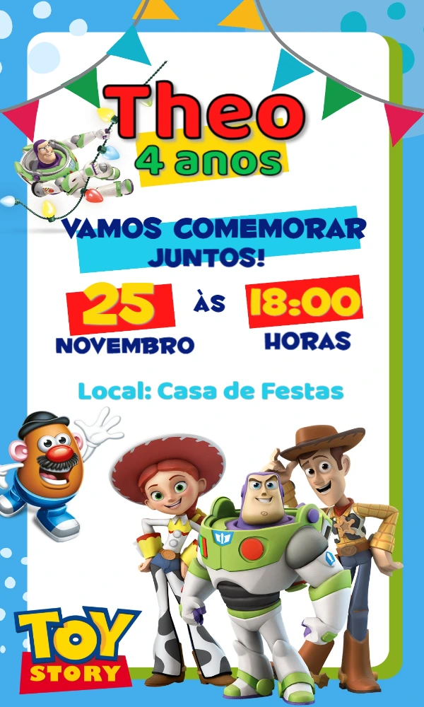 Convite de Aniversário Toy Story com Personagens para Editar
