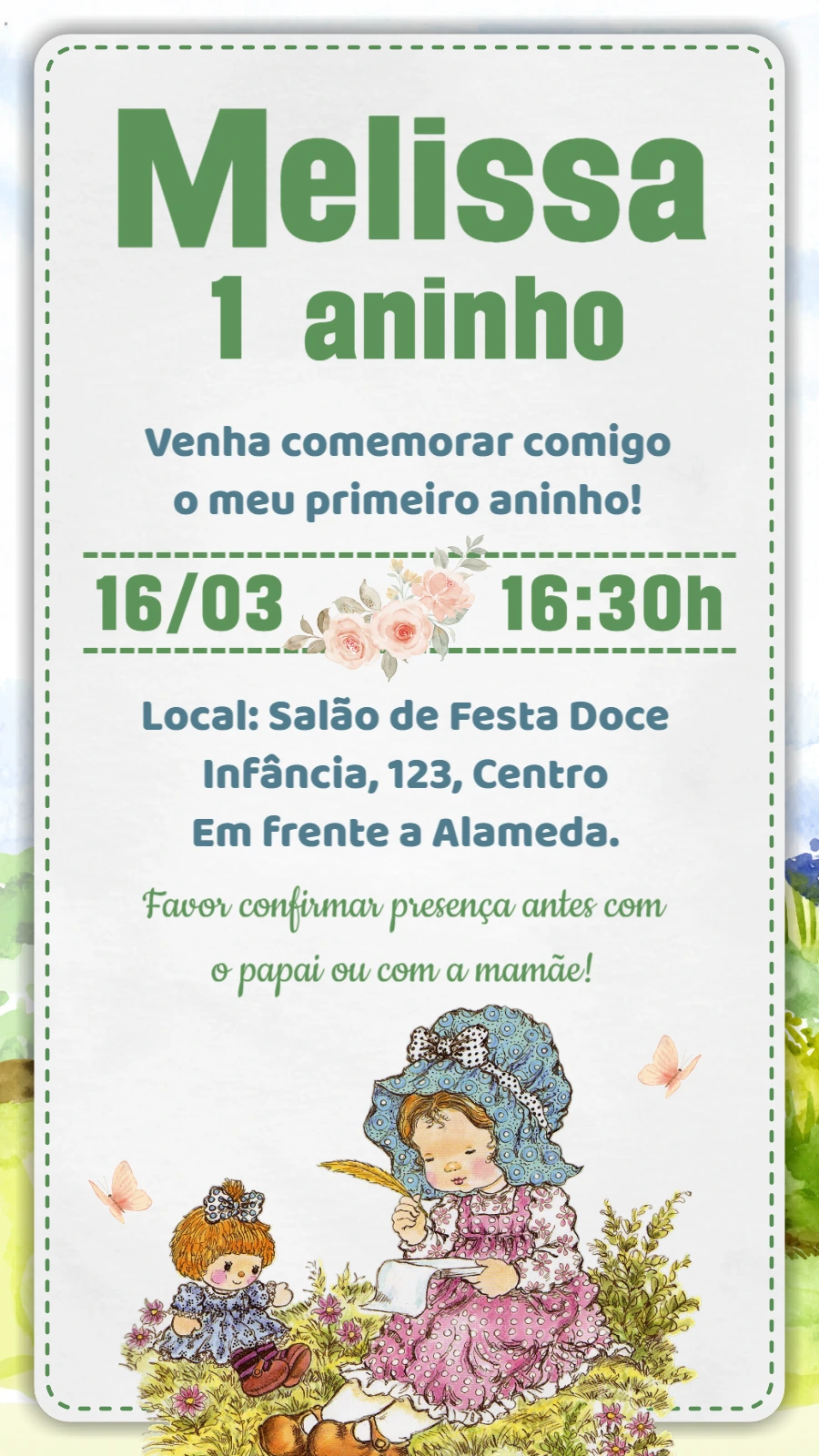 Convite de Aniversário Sarah Kay Clássico para Editar Online