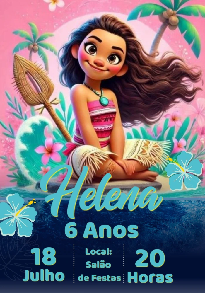 Convite de Aniversário Moana para Editar e Imprimir Online