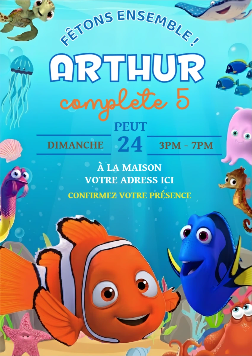 Invitation Anniversaire Thème Nemo et Dory Modèle à Modifier