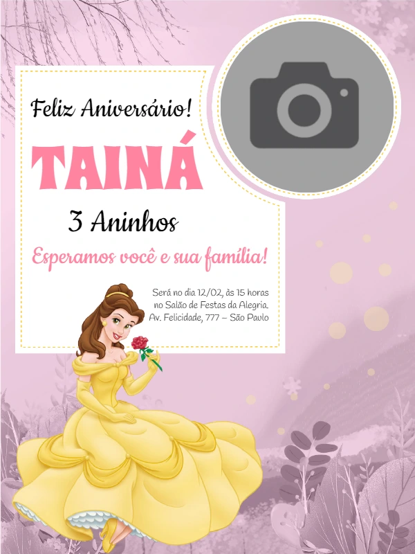 Convite Aniversário Princesa Bela com Foto para Editar Online