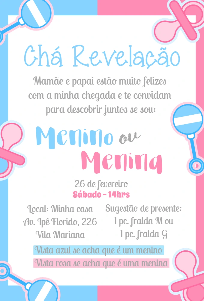 Convite Chá Revelação Menino ou Menina para Editar Online