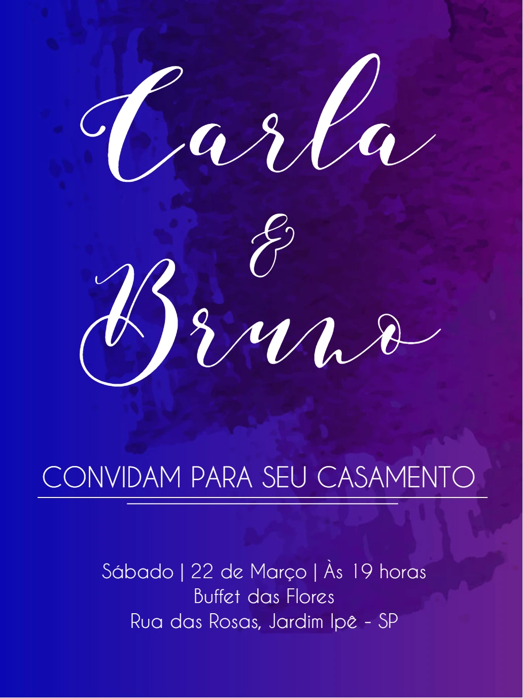 Convite de Casamento Aquarela Roxo e Azul para Editar Online