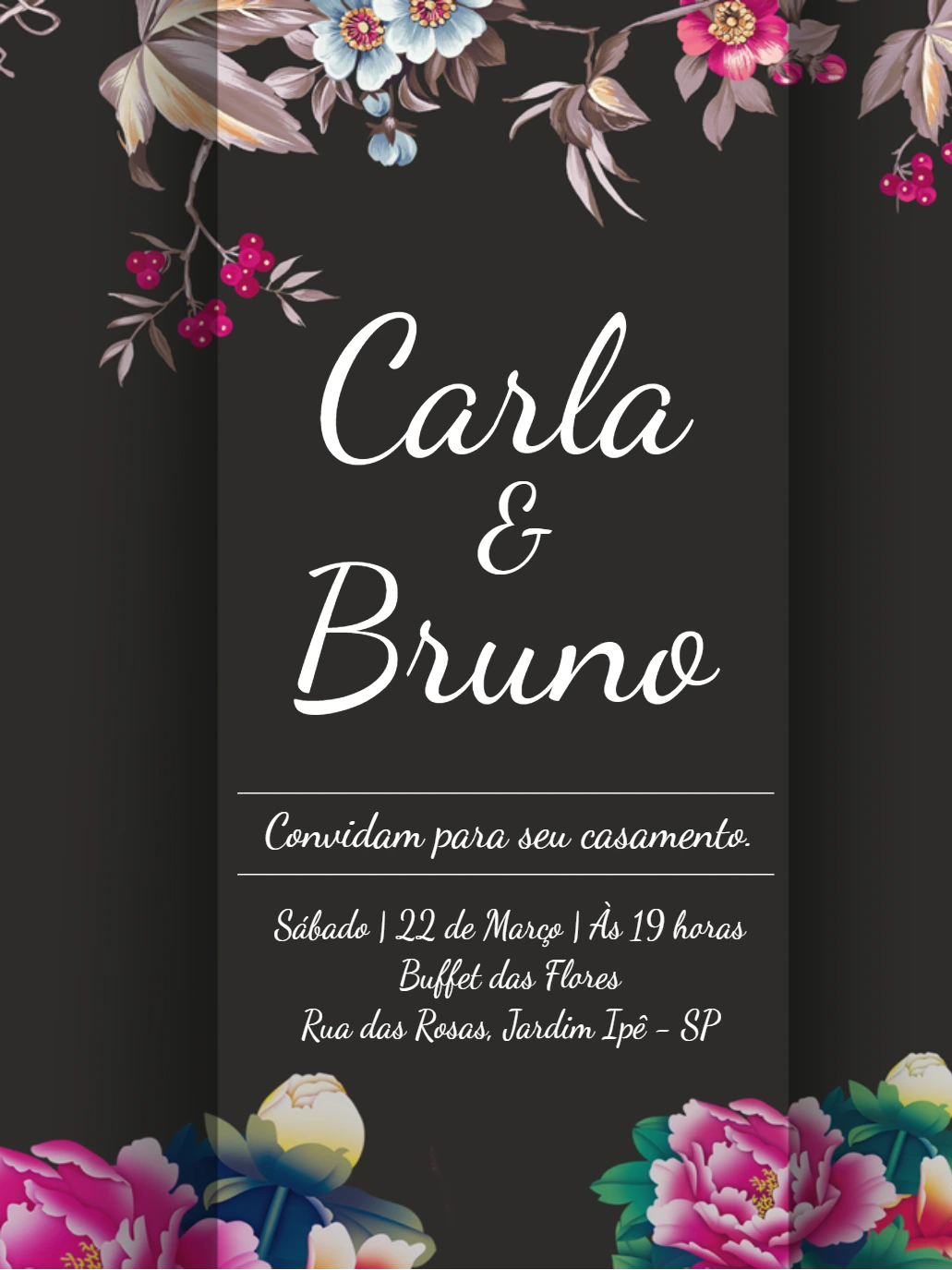 Convite de Casamento Floral Escuro para Editar Online