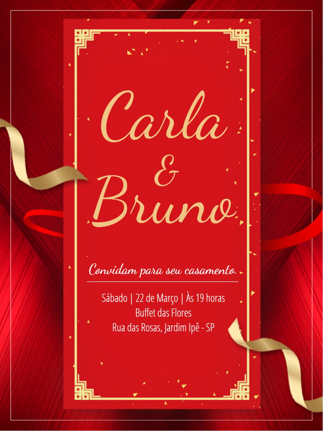 Convite de Casamento Vermelho e Dourado para Editar Online