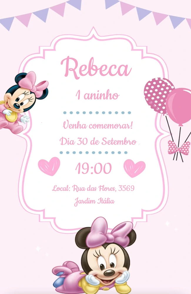 Convite Aniversário Minnie Baby Rosa para Editar Online