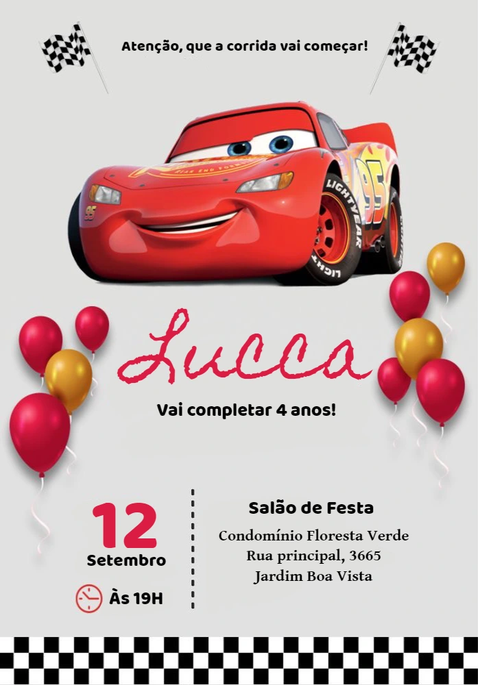 Convite Aniversário Carros Relâmpago McQueen para Editar
