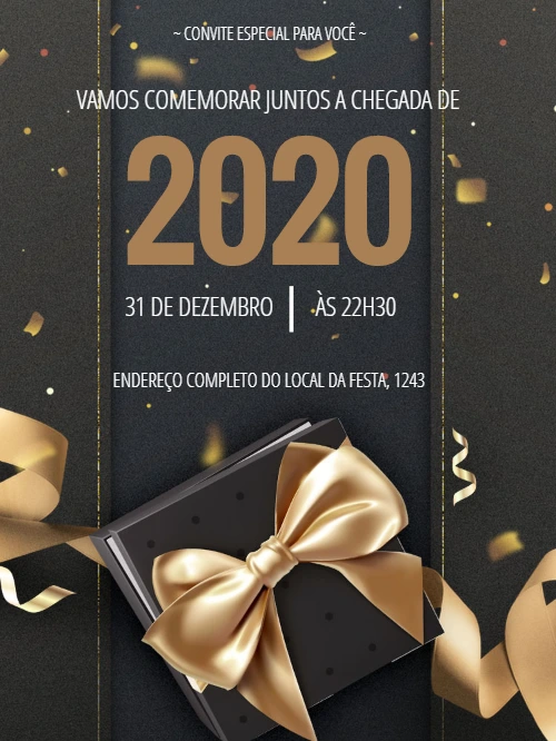 Convite de Réveillon Elegante Preto e Dourado para Editar
