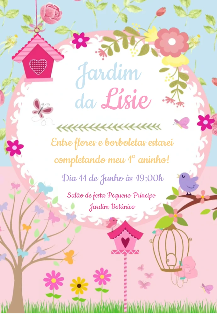 Convite Aniversário Jardim Encantado com Passarinhos para Editar