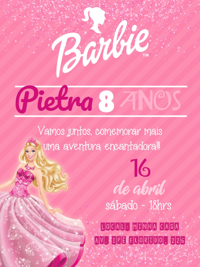 Convite Aniversário Barbie Rosa com Brilho para Editar Online