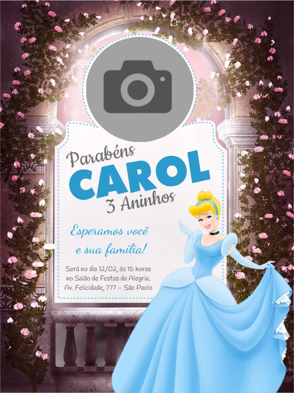 Convite Aniversário Cinderela com Foto para Editar Online