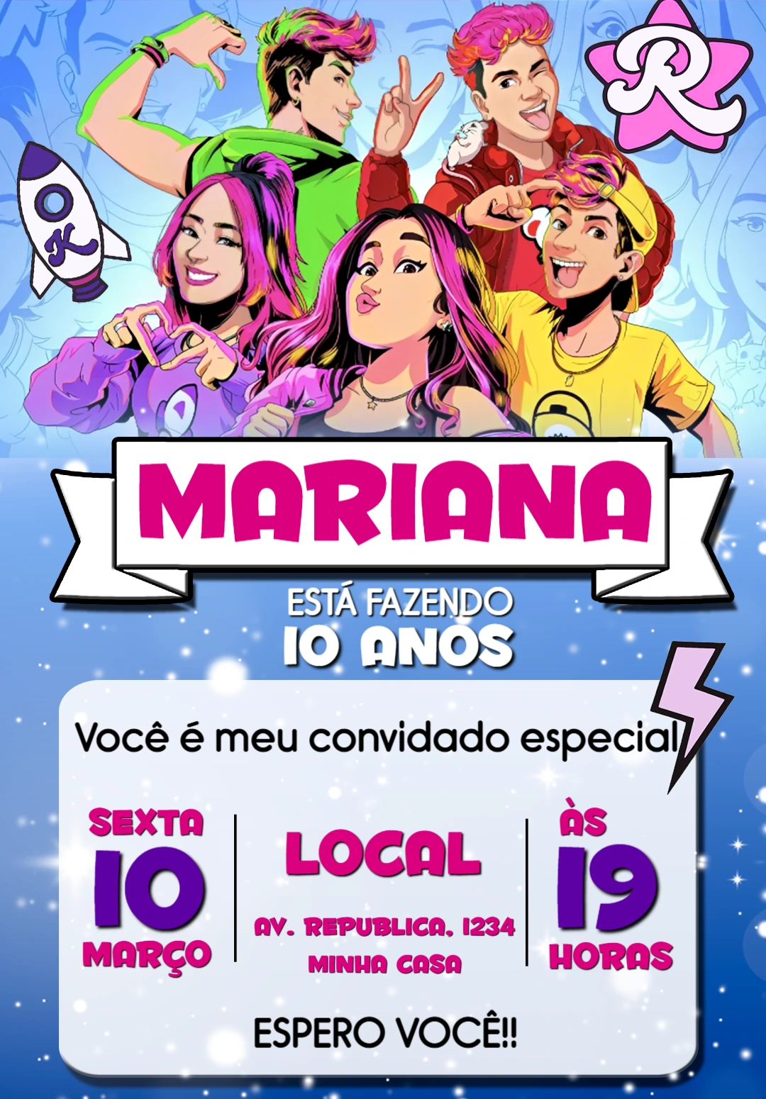 Convite de Aniversário Emilly Vick com Personagens para Editar