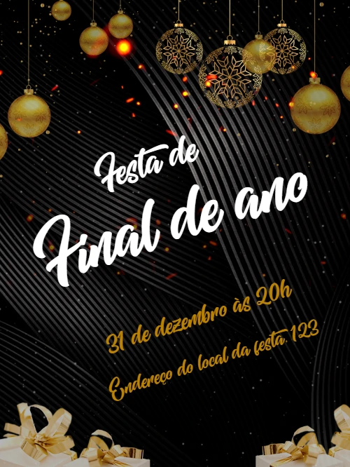 Convite de Réveillon Elegante Preto e Dourado para Editar