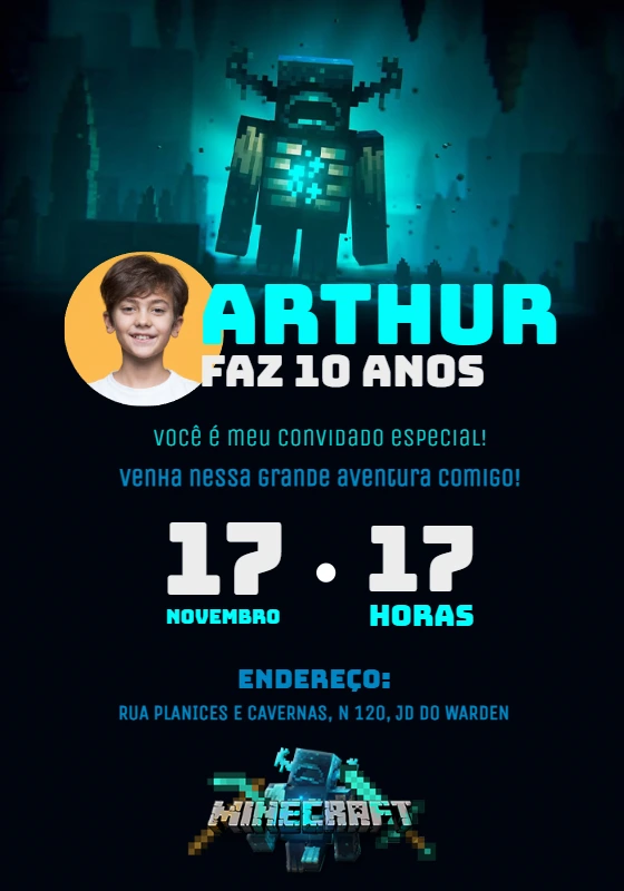 Convite Aniversário Minecraft Warden com Foto para Editar Online