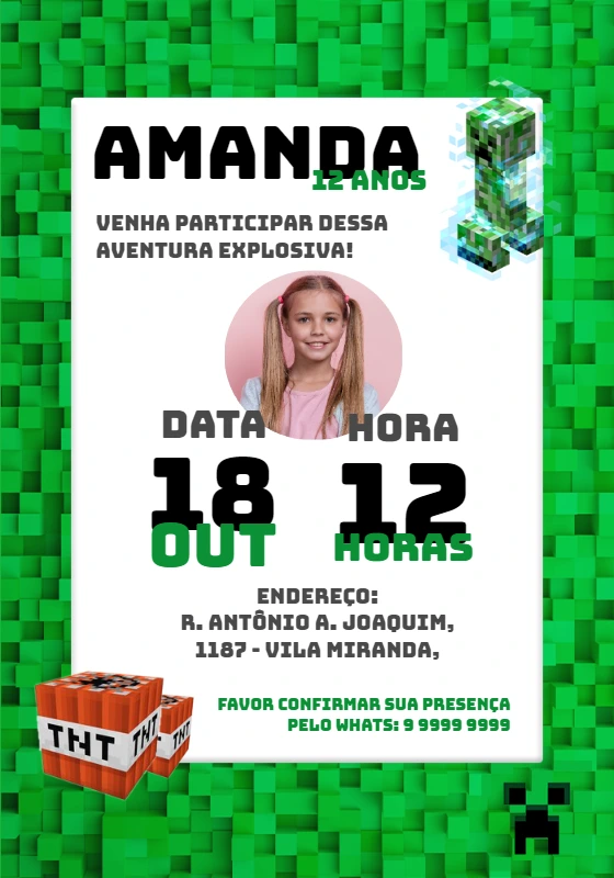 Convite Aniversário Minecraft com Foto para Editar Online