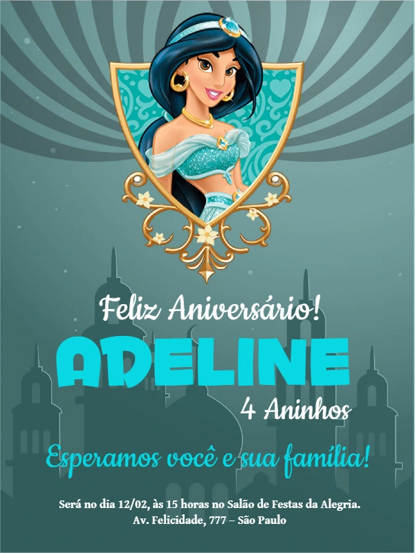 Convite de Aniversário da Princesa Jasmine para Editar Online