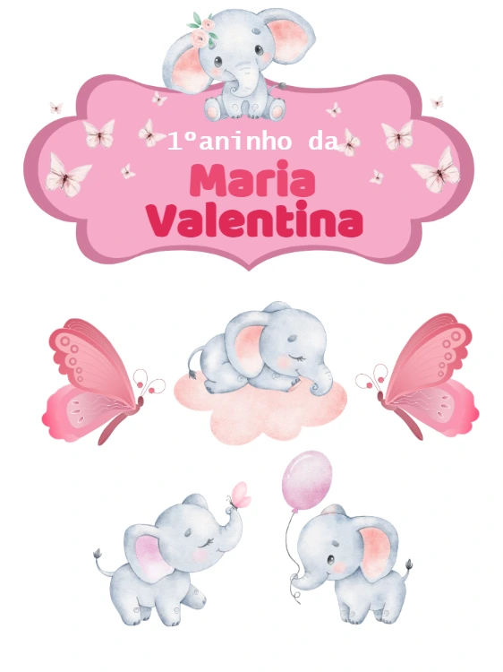 Topo de Bolo Elefantinha Rosa para Aniversário para Editar