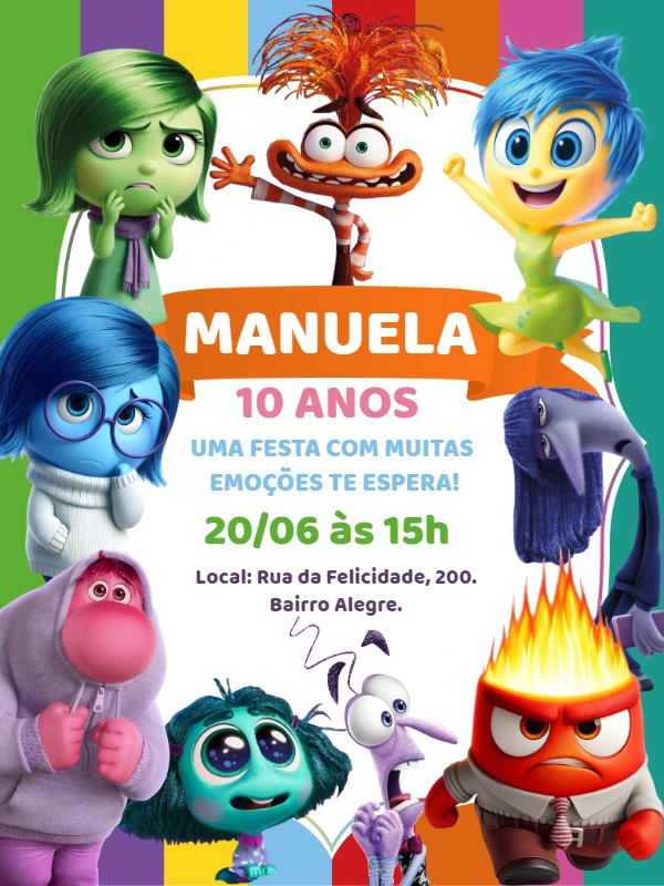 Convite Aniversário Divertida Mente 2 com Personagens para Editar