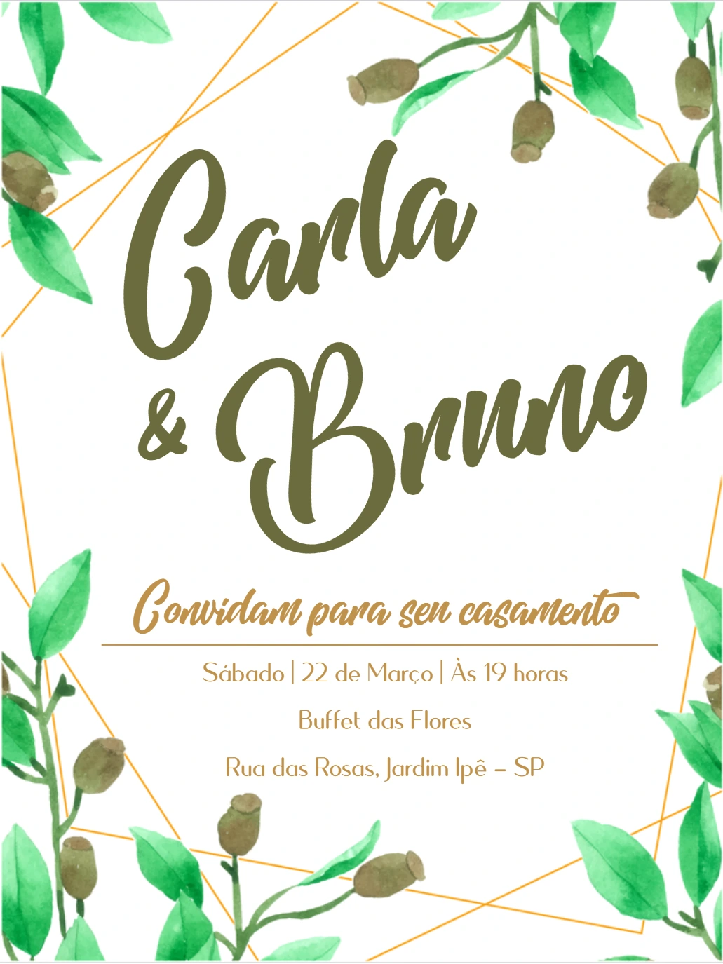 Convite de Casamento Folhagens para Editar Online