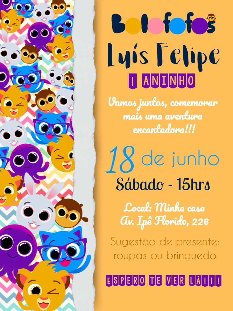 Convite de Aniversário Bolofofos para Editar Online