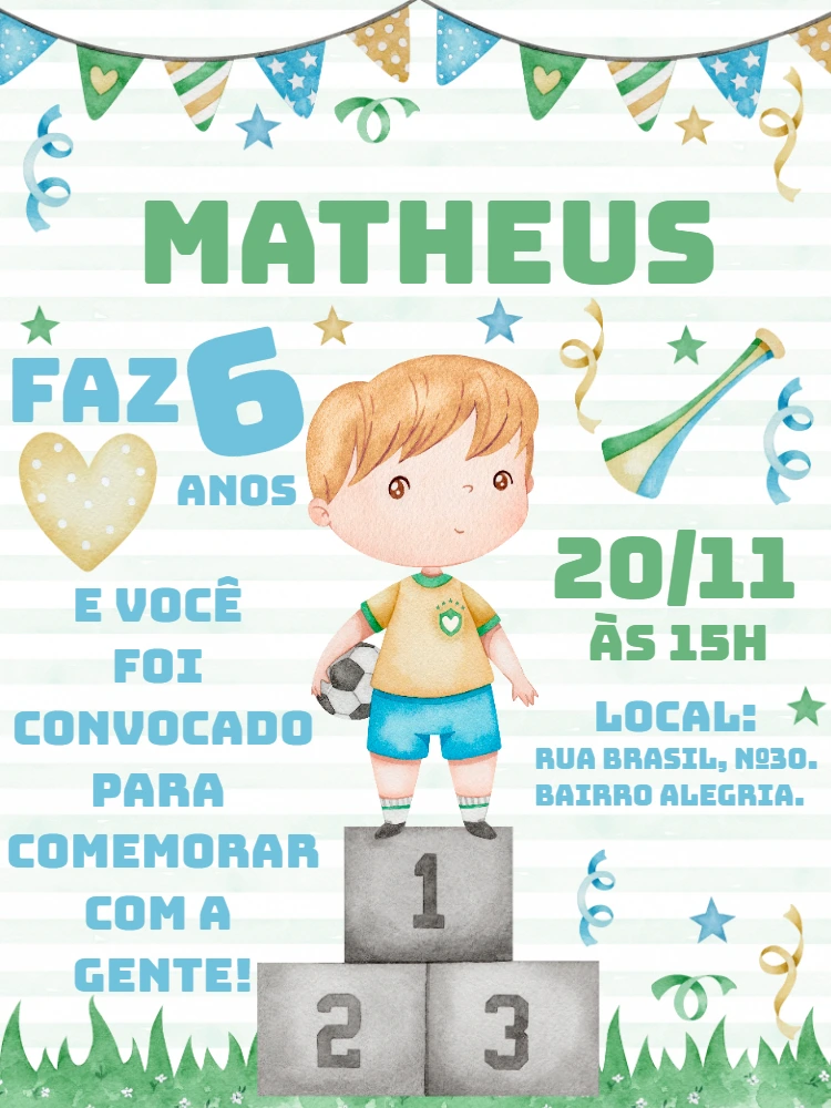 Convite Aniversário Futebol Menino Campeão para Editar Online