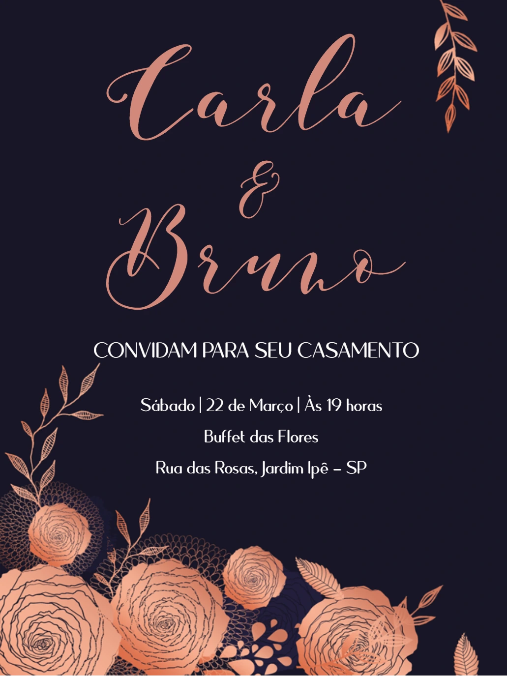 Convite de Casamento Floral Rose Gold para Editar Online