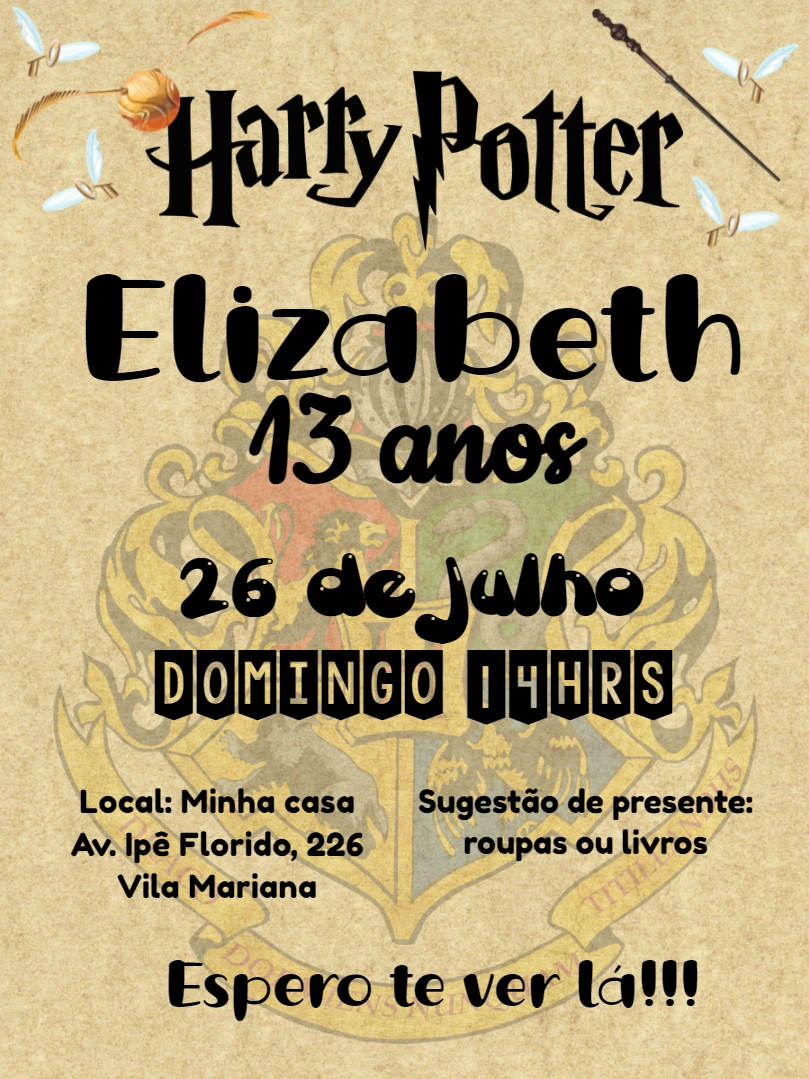 Convite Aniversário Harry Potter com Brasão para Editar Online