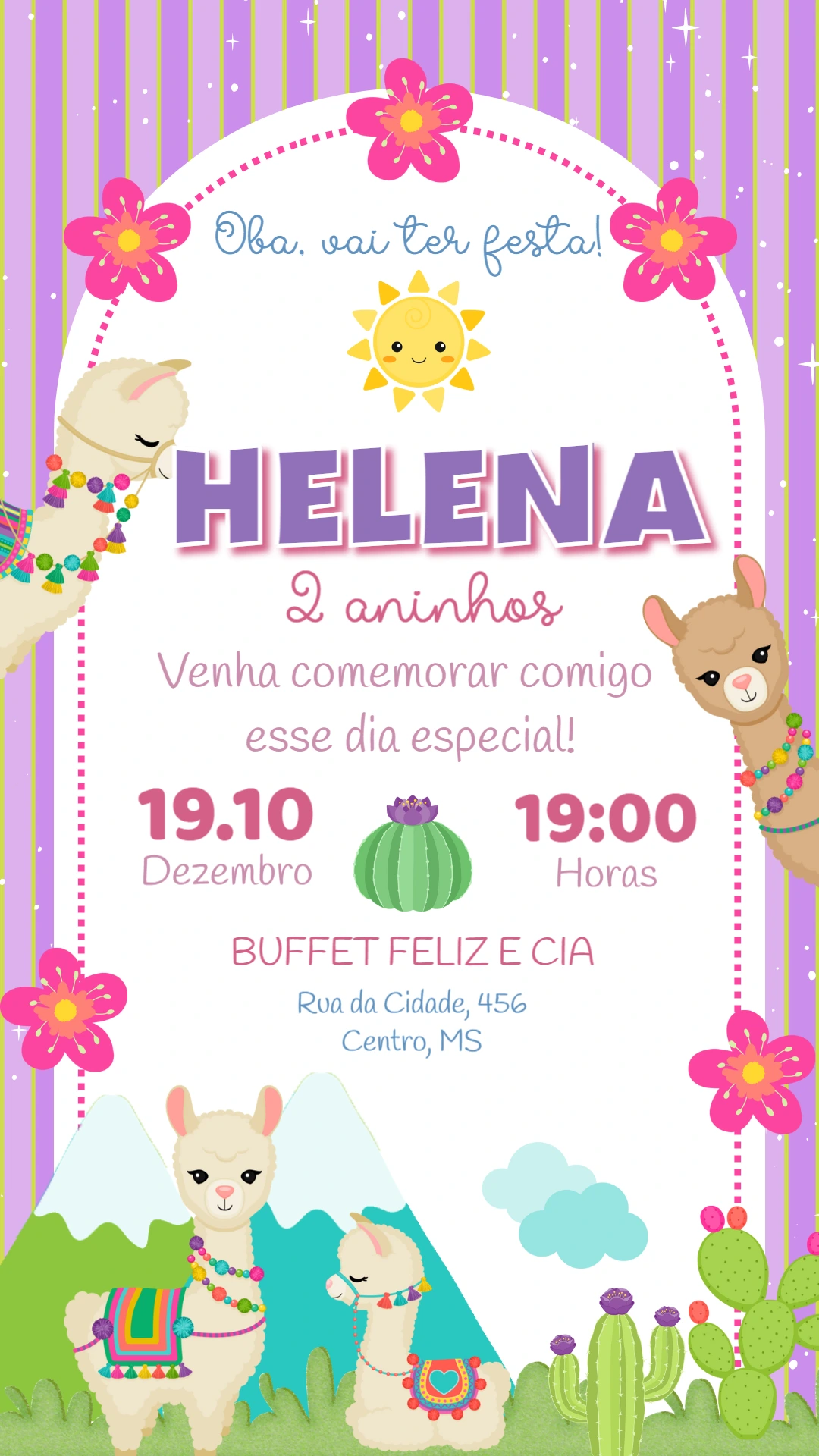 Convite de Aniversário Lhama e Cactos para Editar Online