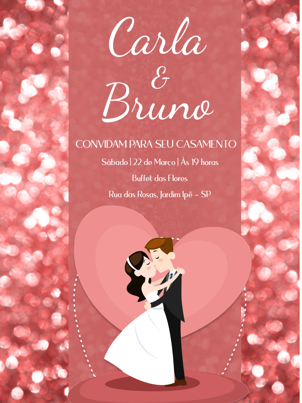 Convite de Casamento Romântico com Noivinhos para Editar