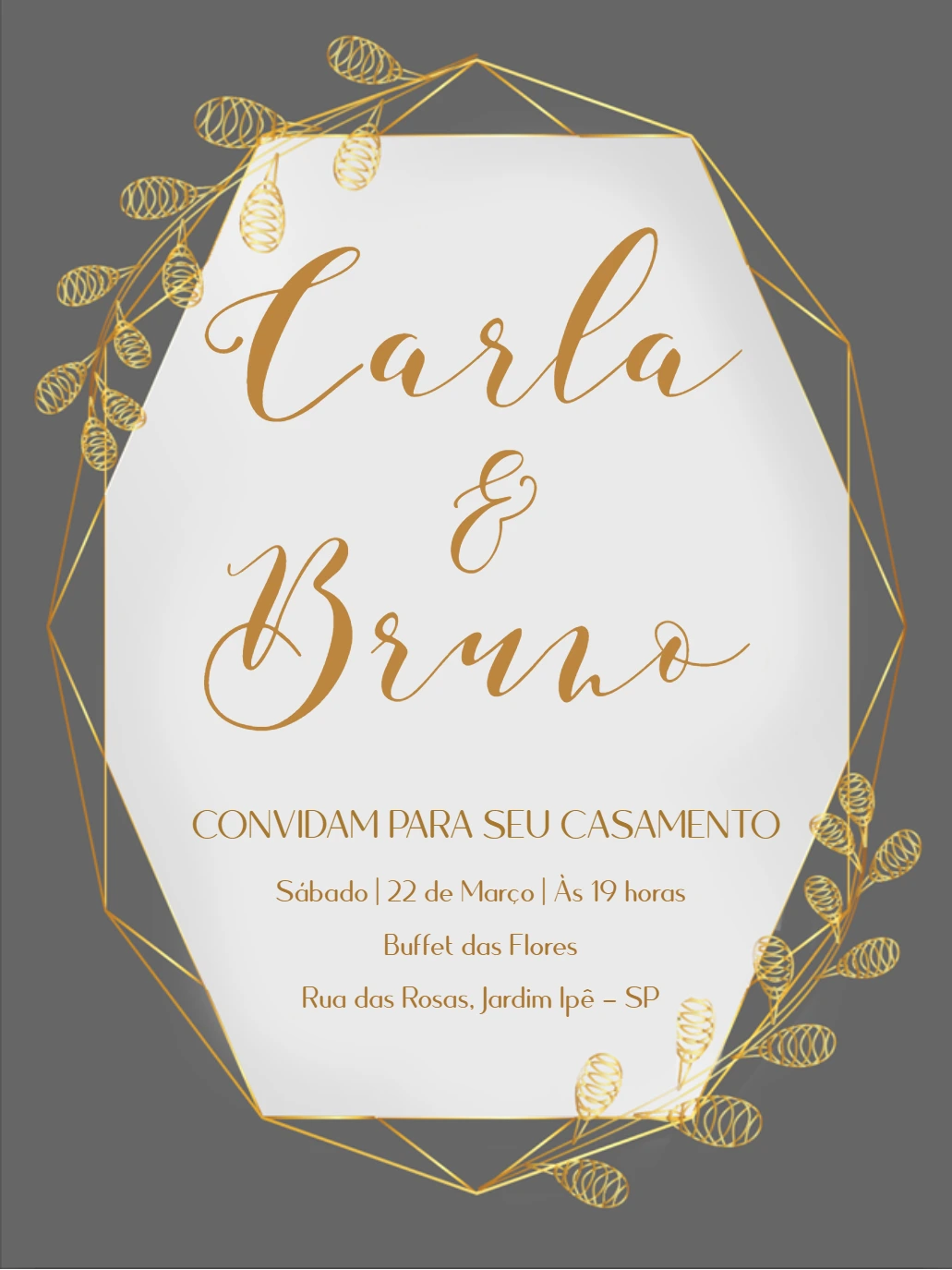 Convite de Casamento Geométrico com Ramos Dourados para Editar