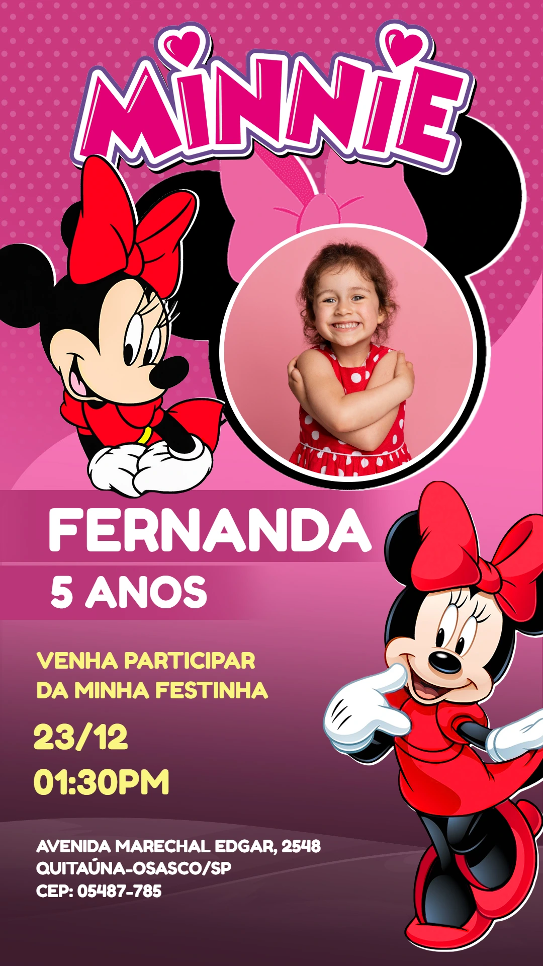 Convite Aniversário Minnie Mouse com Foto para Editar Online