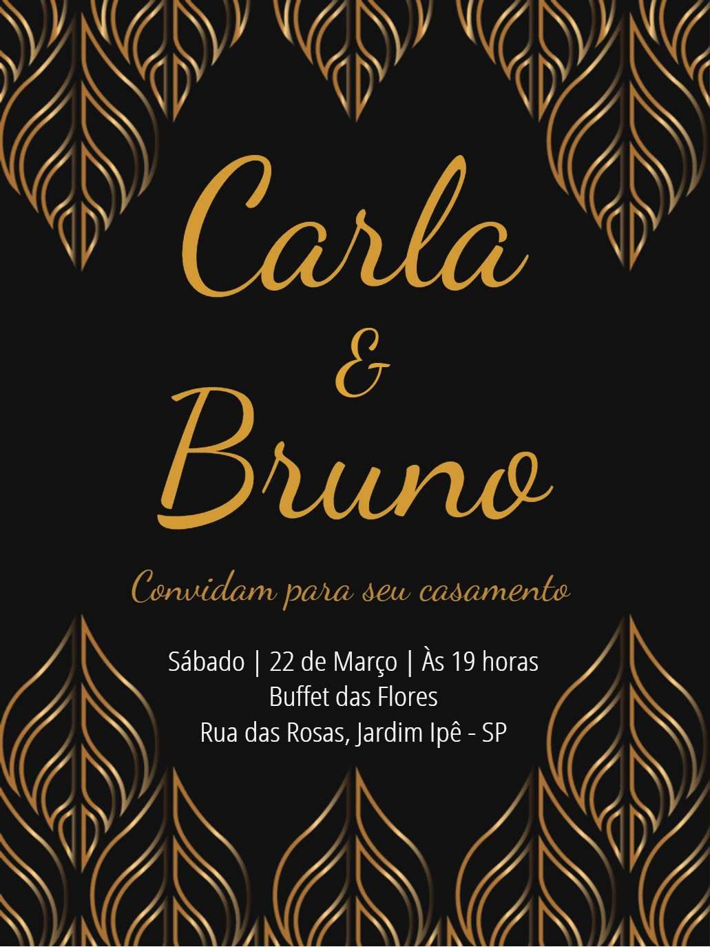 Convite de Casamento Art Déco Dourado para Editar Online